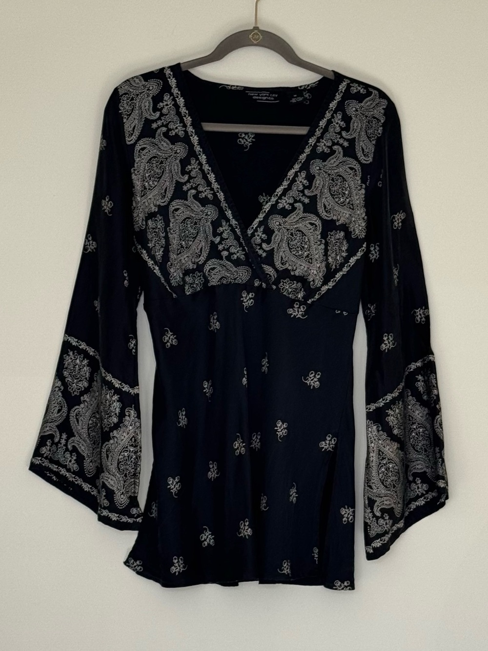 Boho Black Paisley V-Neck Bell Sleeve Blouse
